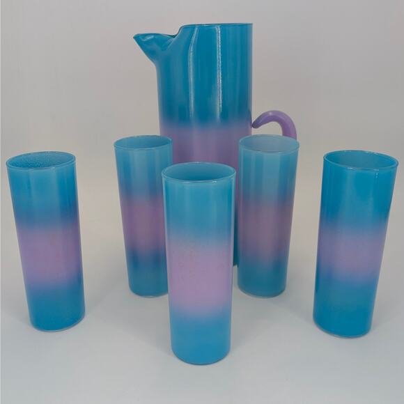 Blendo Bermuda Twist Pitcher Set Blue Purple Glass VTG 1950 Blenko West Virginia - Picture 8 of 10